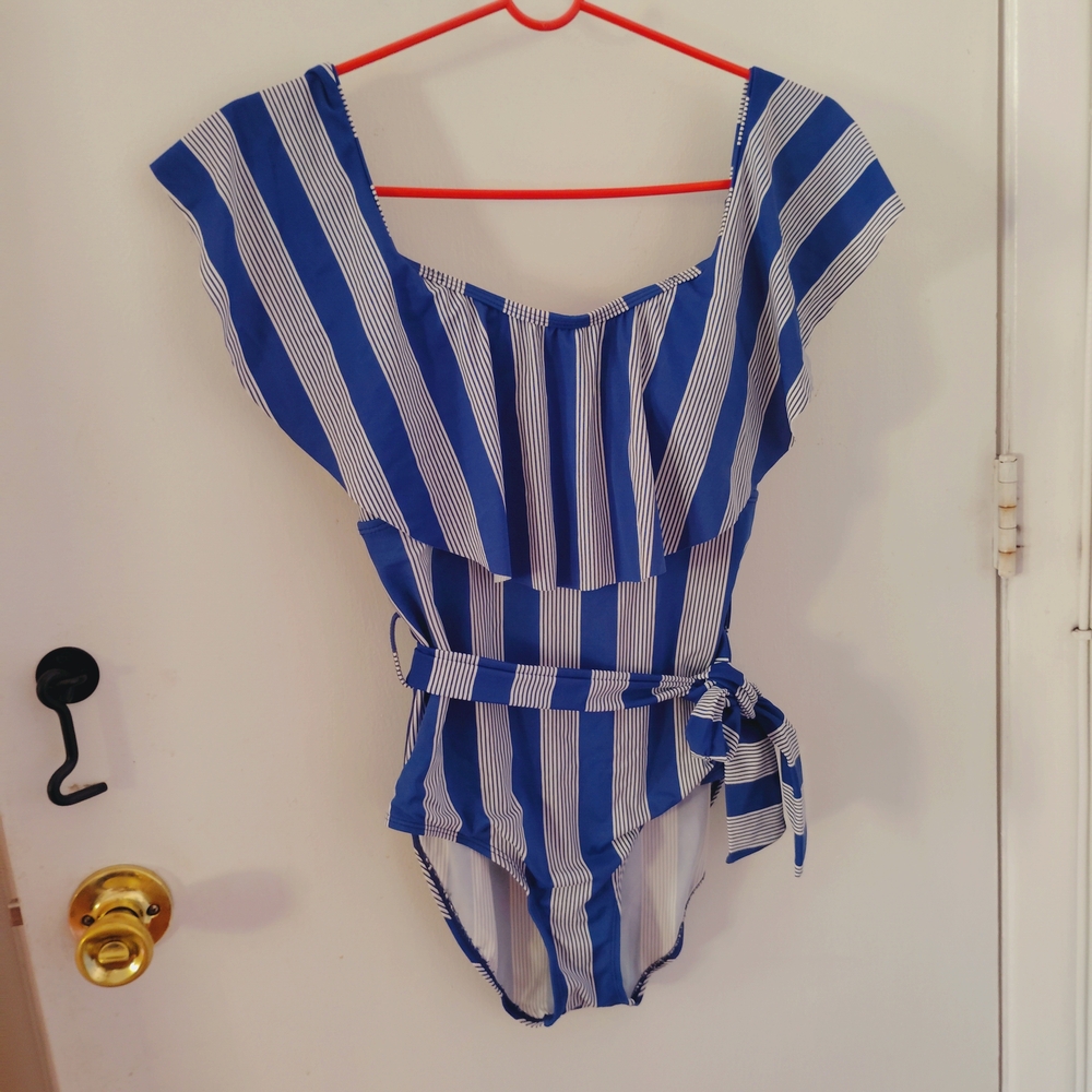 Blue and White Striped Ruffle Swimsuit
